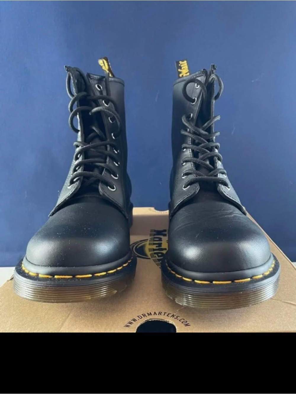 Dr. Martens Black Leather Lace-Up Boots with Yellow Stitching